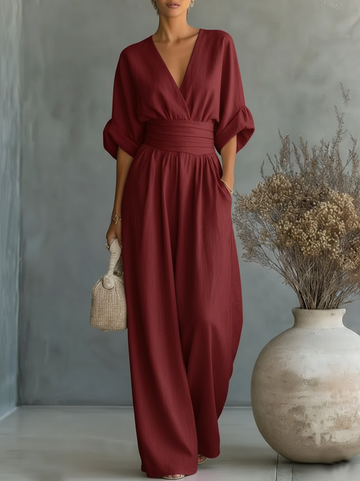 Elegant Linen V-Neck High-Waisted Jumpsuit