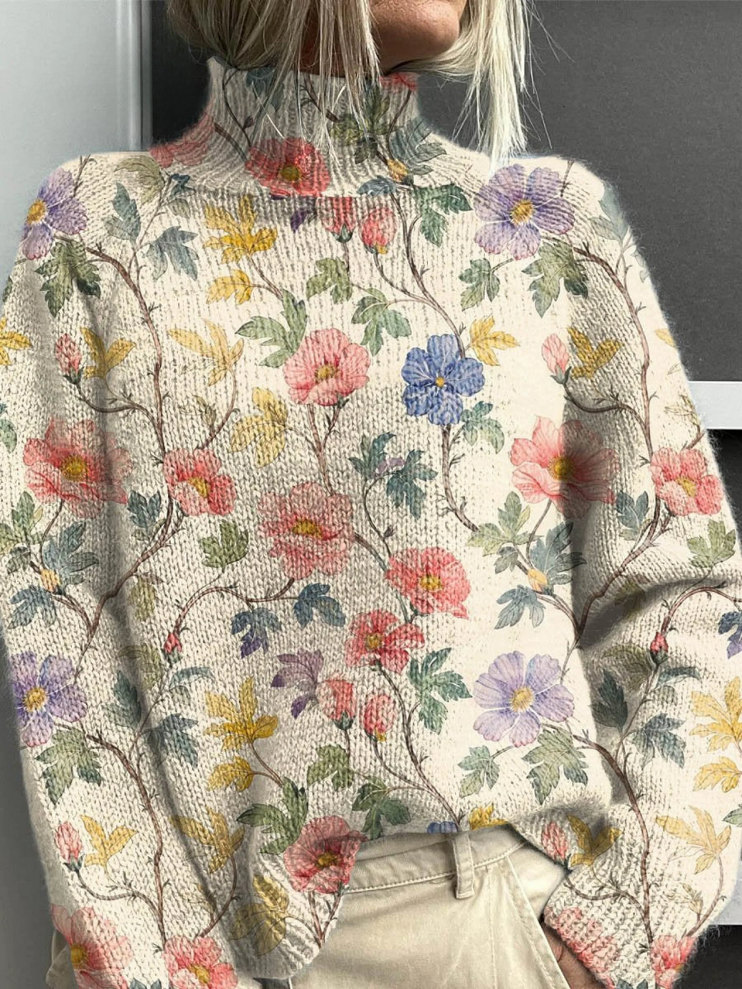 Floral knit turtleneck jumper