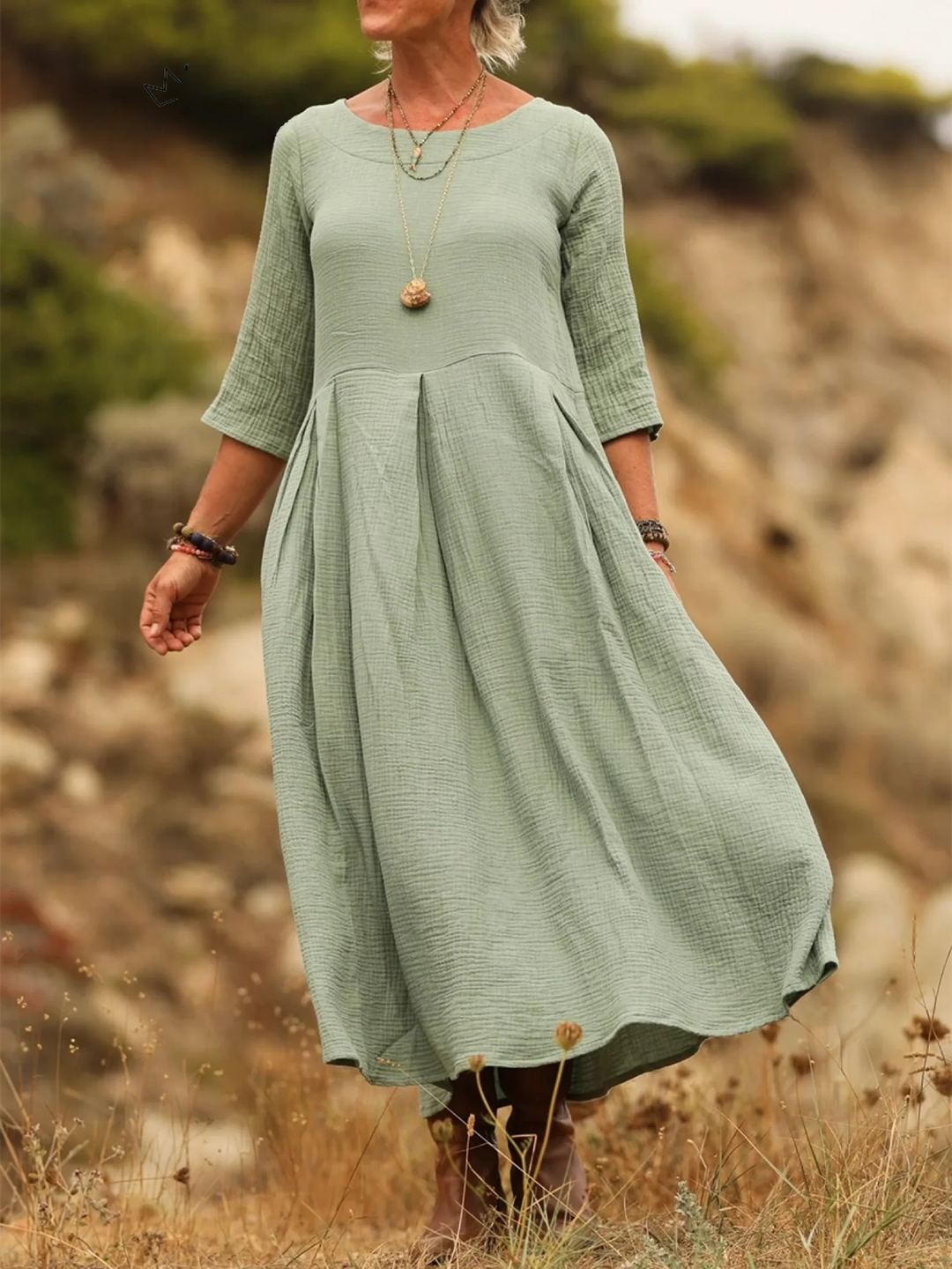 Comfortable Pleated Cotton and Linen Dress