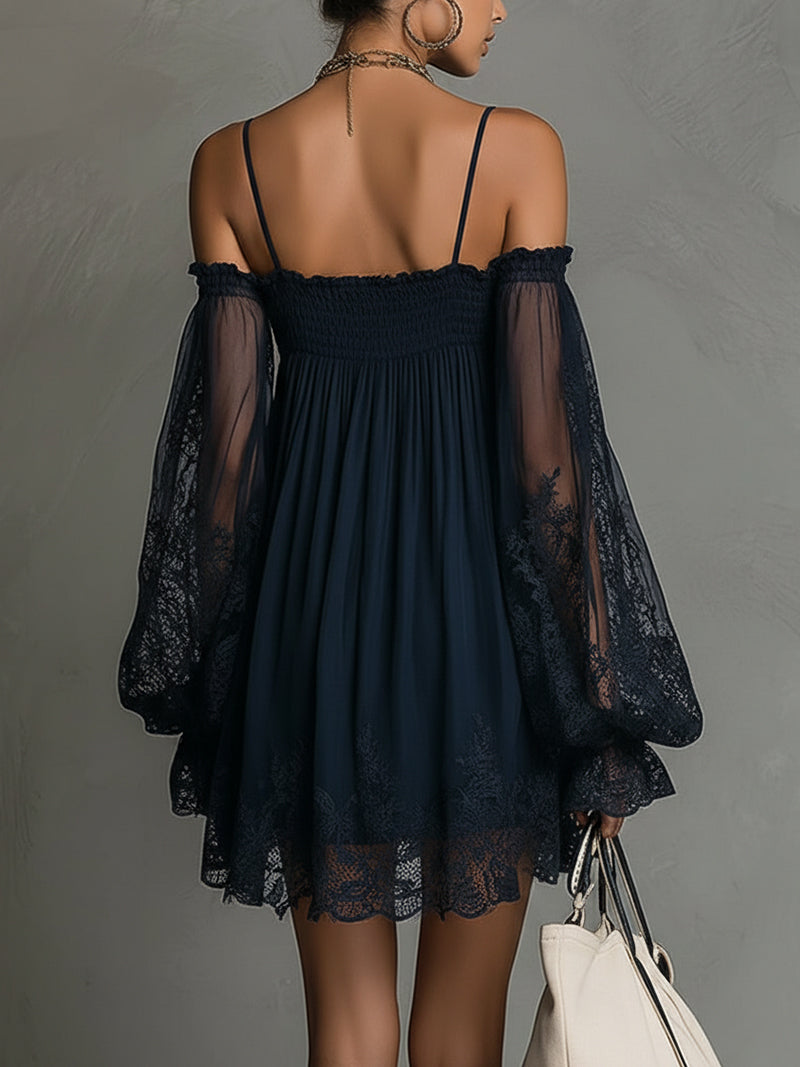 Loïs | Short fluid dress with lace sleeves and bohemian chic style