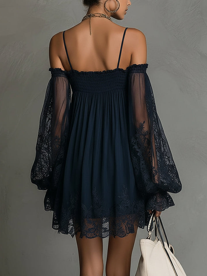 Loïs | Short fluid dress with lace sleeves and bohemian chic style