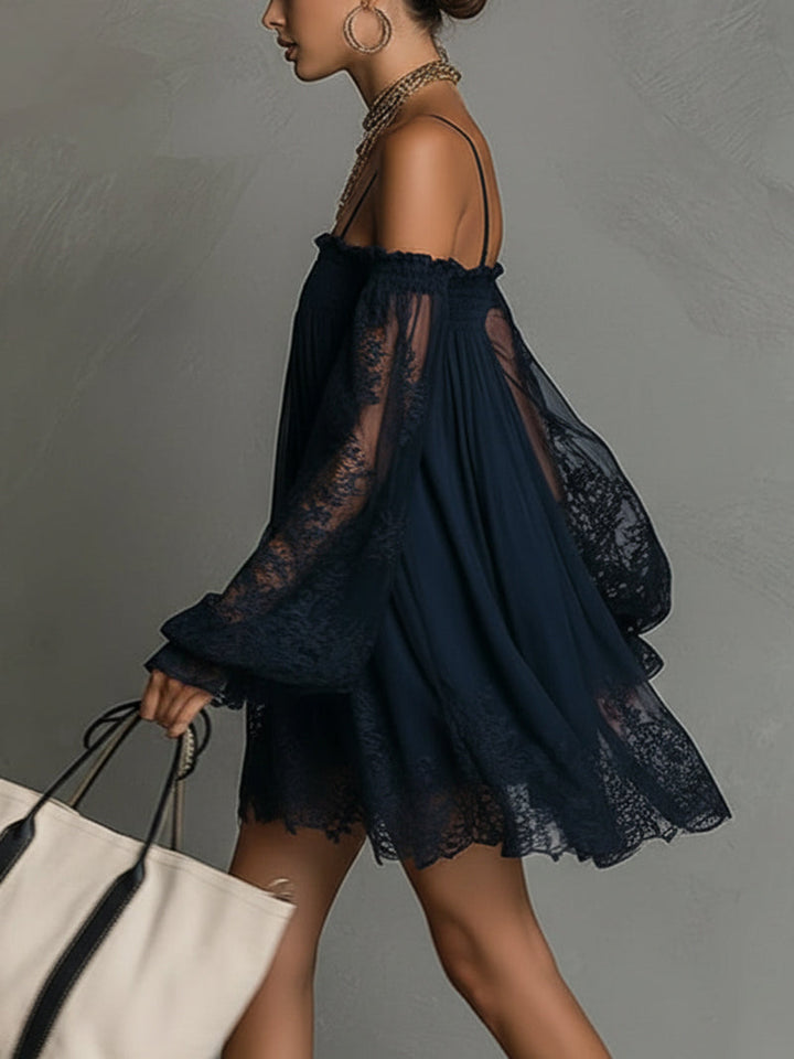 Loïs | Short fluid dress with lace sleeves and bohemian chic style