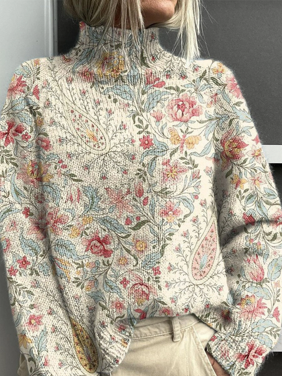 Vintage paisley floral knit turtleneck jumper