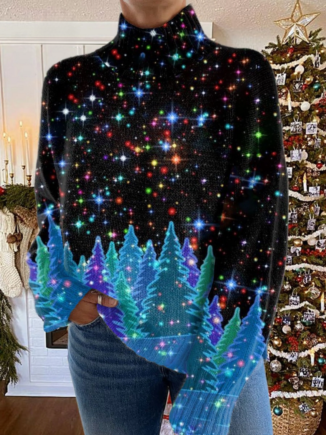 Shiny Christmas high-collar knit sweater