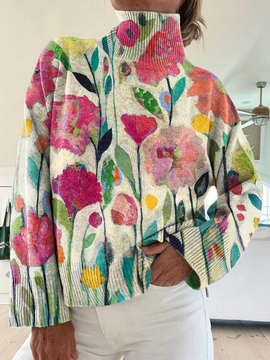 Vintage floral art print turtleneck sweater
