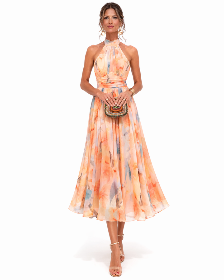 Aurora| Halter Dress with Watercolor Print