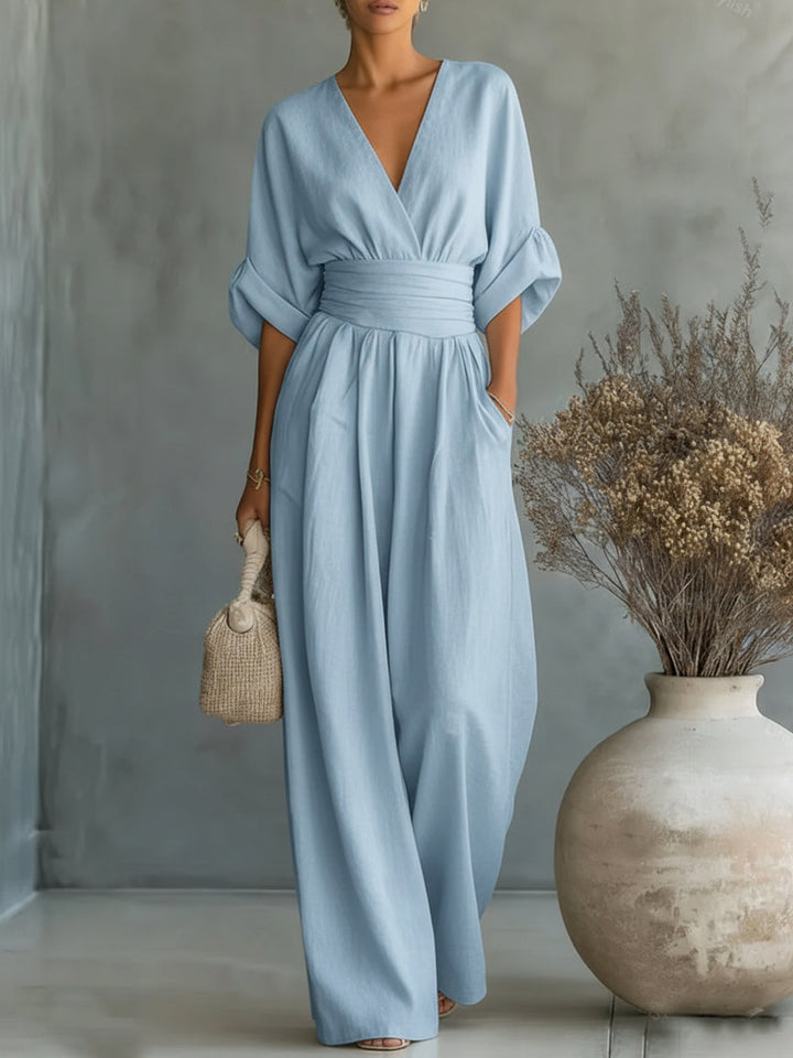 Elegant Linen V-Neck High-Waisted Jumpsuit