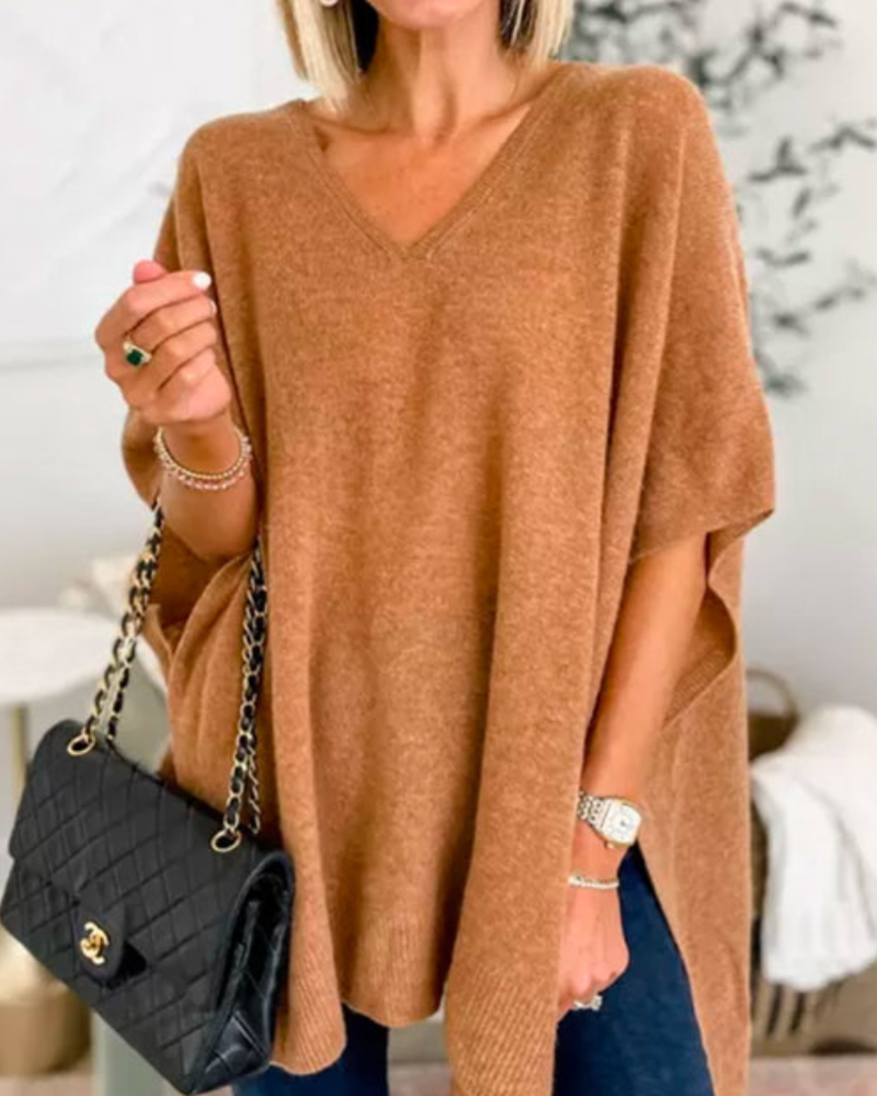V Neck Loose Fit Solid Poncho Sweater