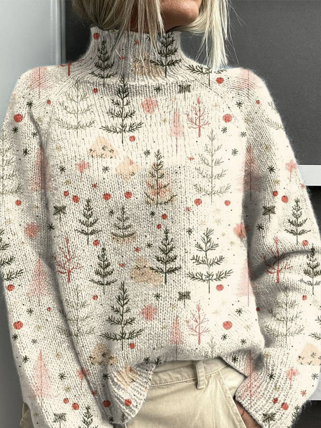 Christmas tree print turtleneck sweater