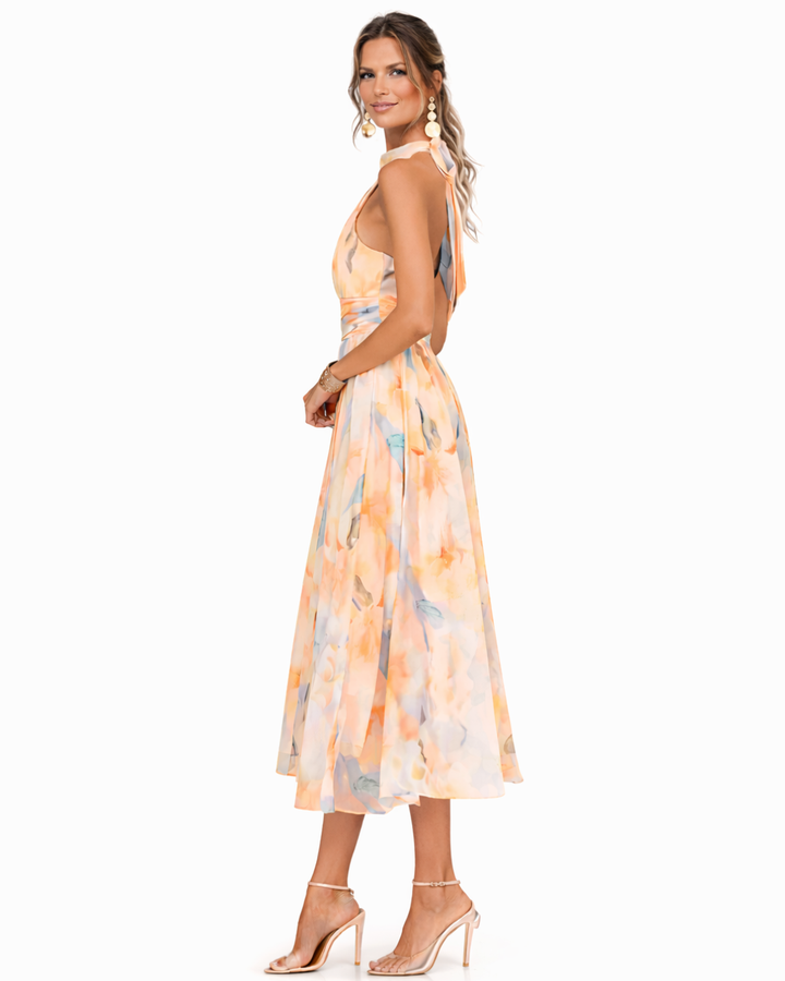 Aurora| Halter Dress with Watercolor Print