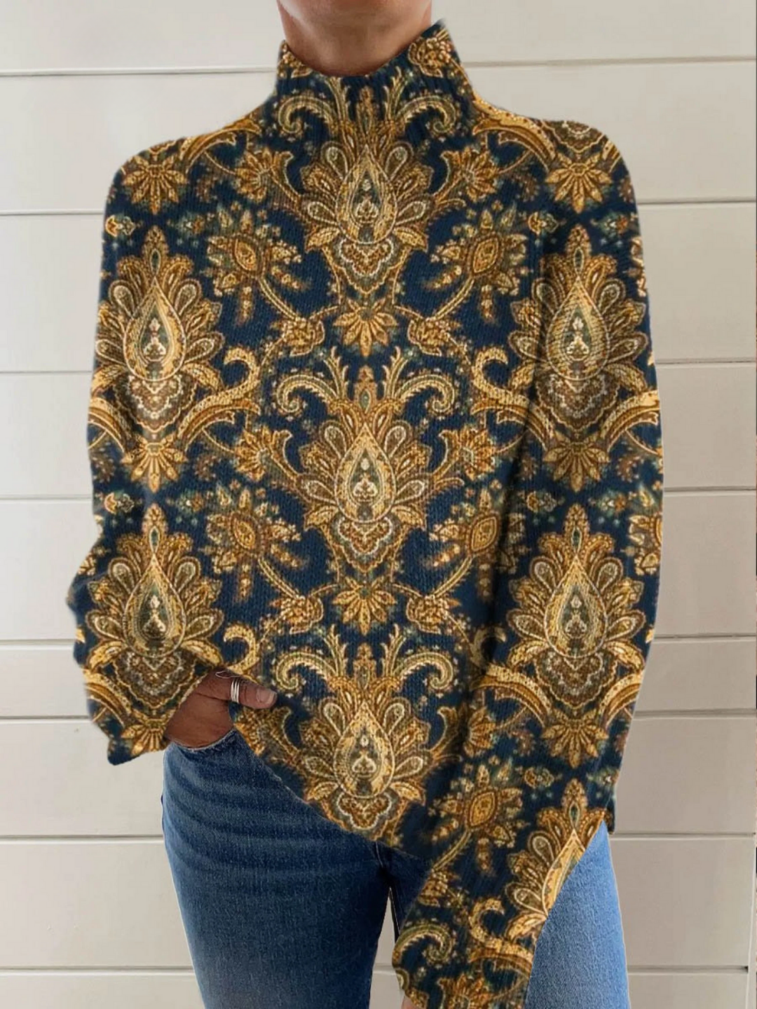 Vintage floral artistic pattern turtleneck sweater
