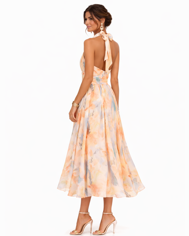 Aurora| Halter Dress with Watercolor Print