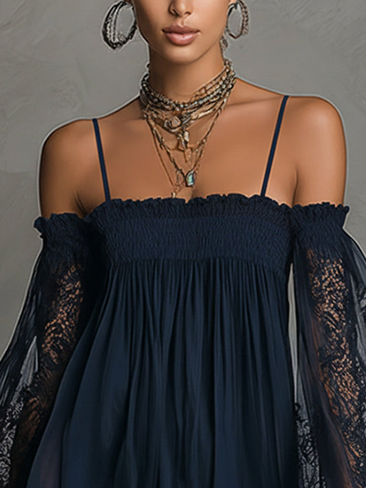 Loïs | Short fluid dress with lace sleeves and bohemian chic style