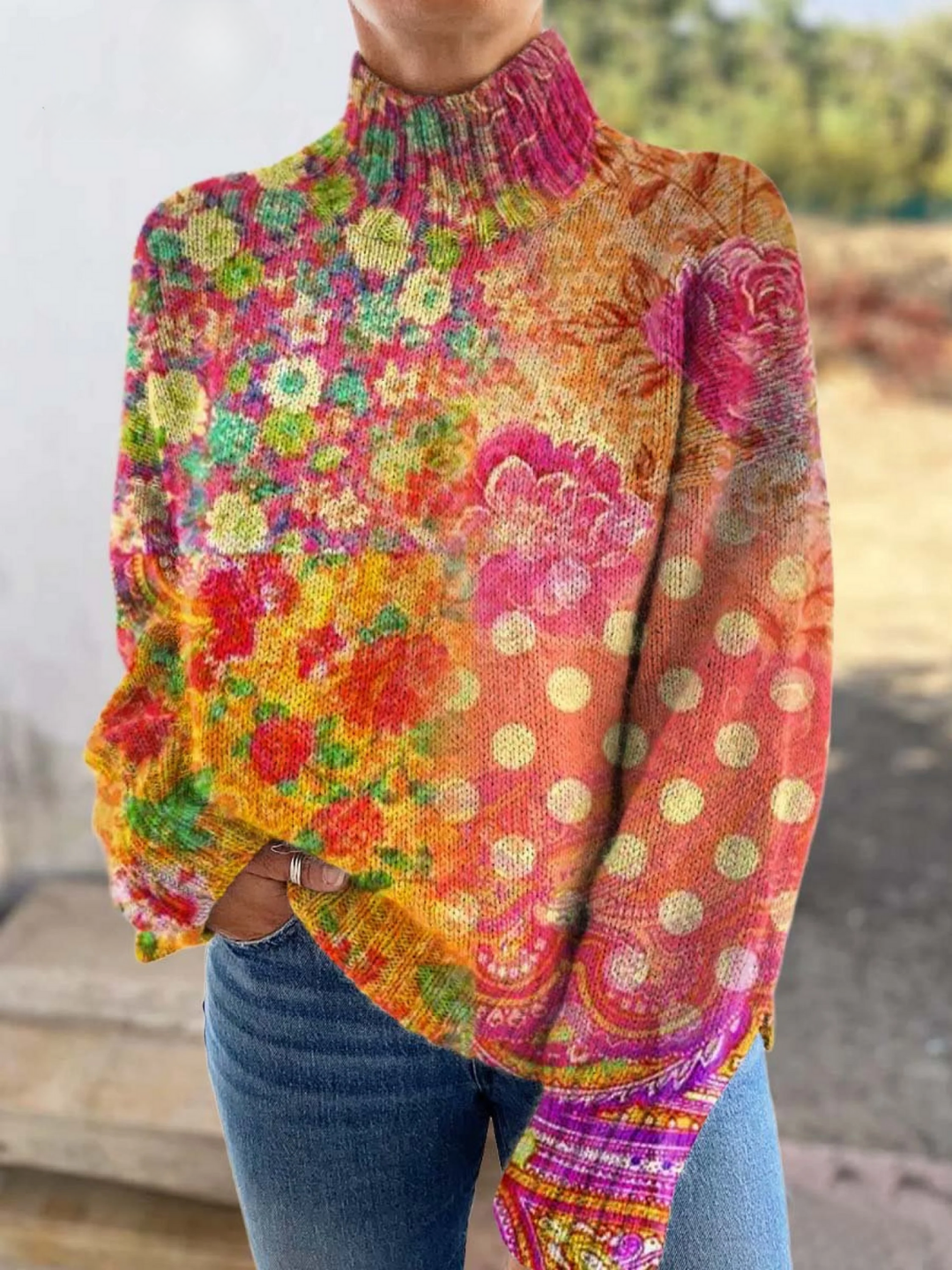 Floral polka dot knit turtleneck jumper