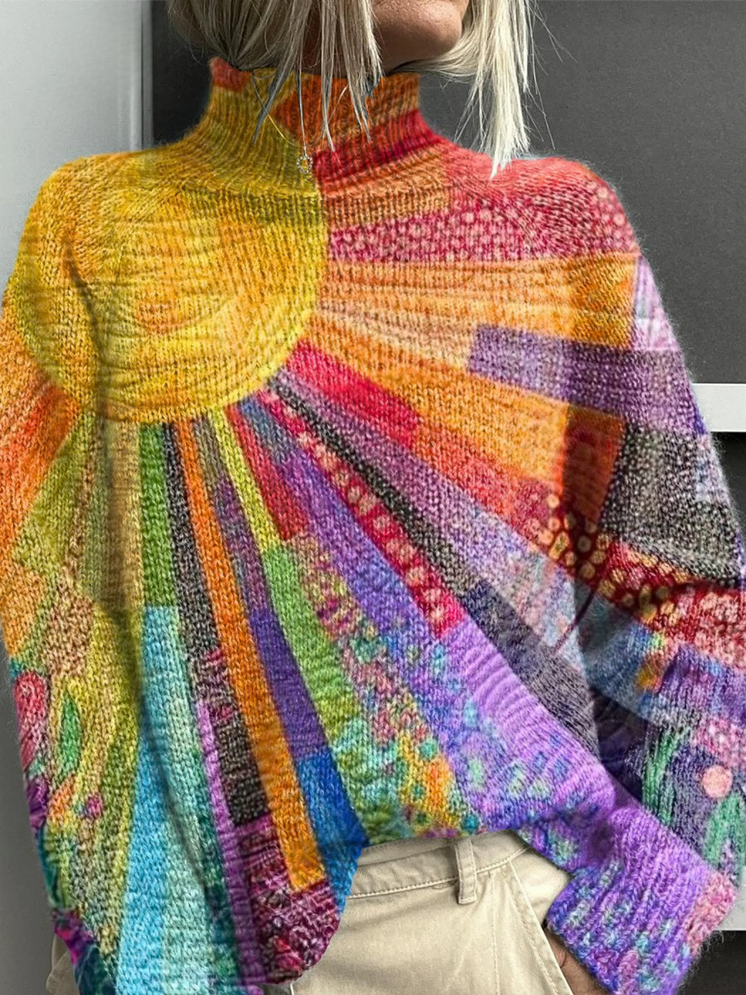 Colourful sunlit print turtleneck sweater