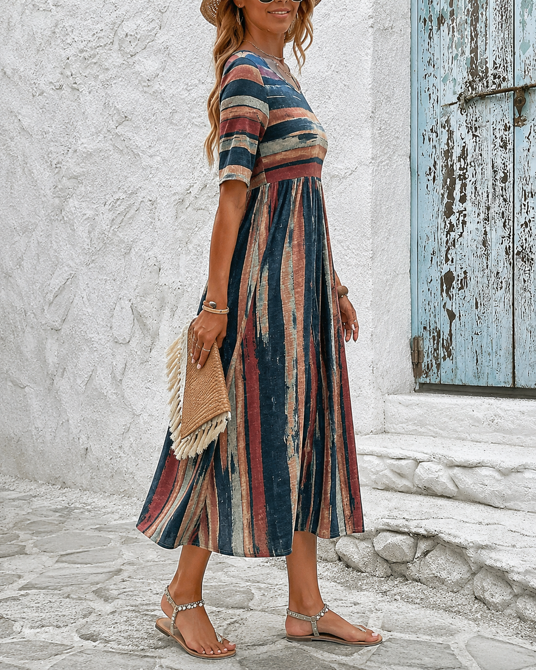 HOLLY | ELEGANT STRIPED TUMMY-COVERAGE MIDI DRESS