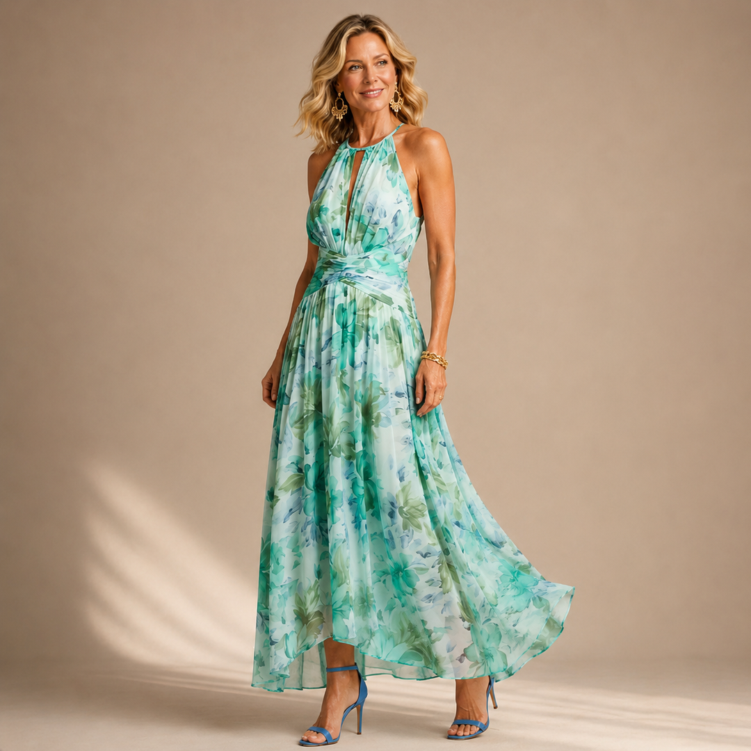 Portia | Pleated Halter Soft Floral Pattern Midi Dress