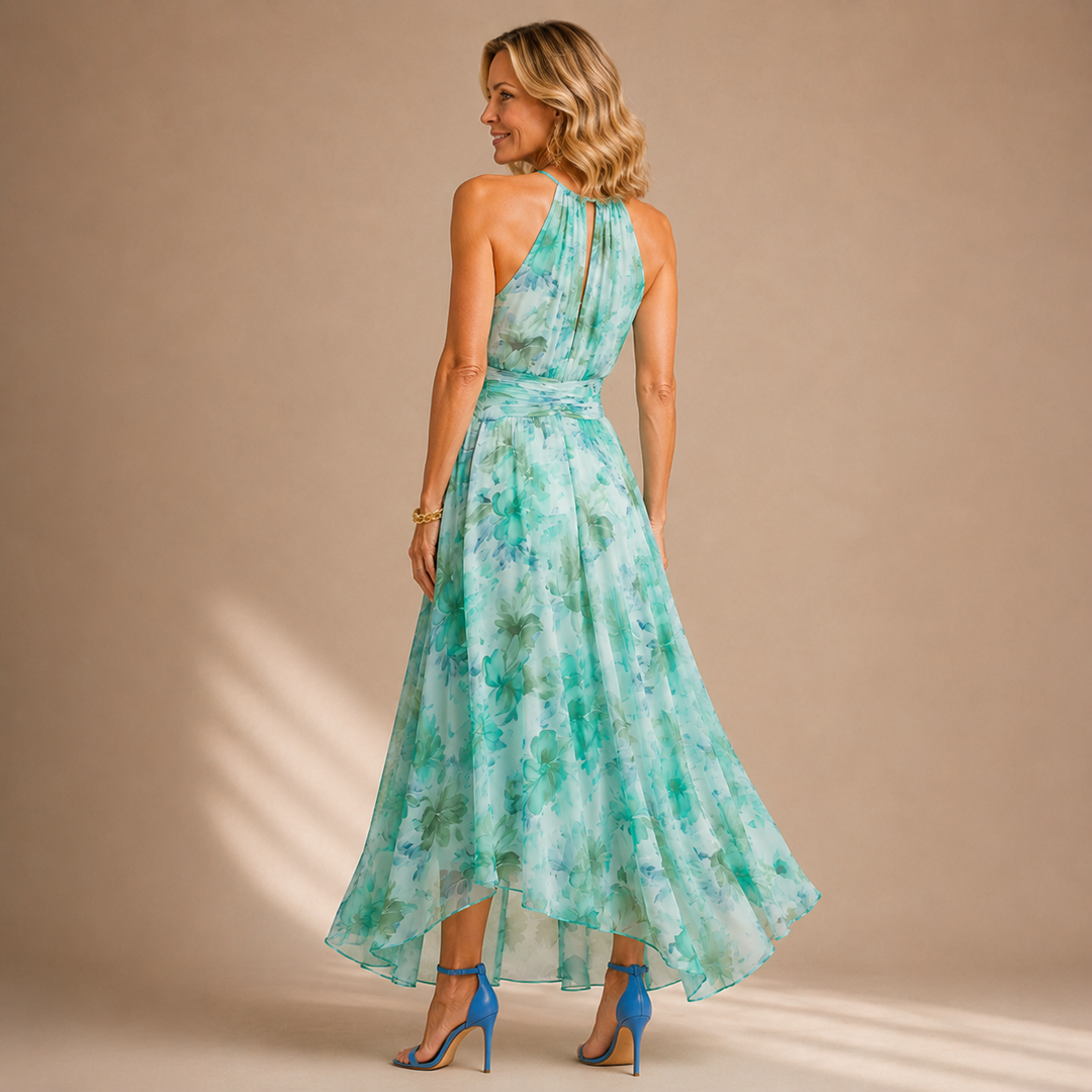 Portia | Pleated Halter Soft Floral Pattern Midi Dress