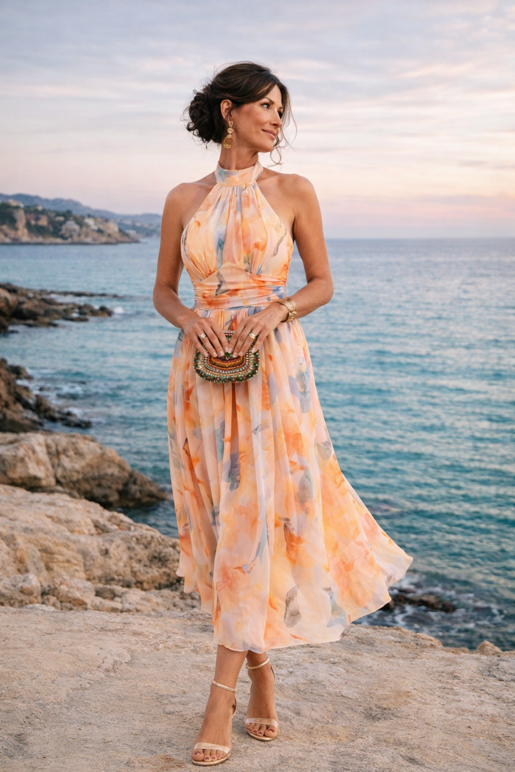 Aurora| Halter Dress with Watercolor Print