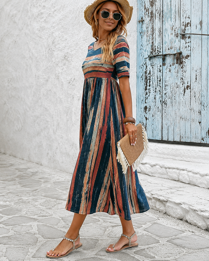 HOLLY | ELEGANT STRIPED TUMMY-COVERAGE MIDI DRESS