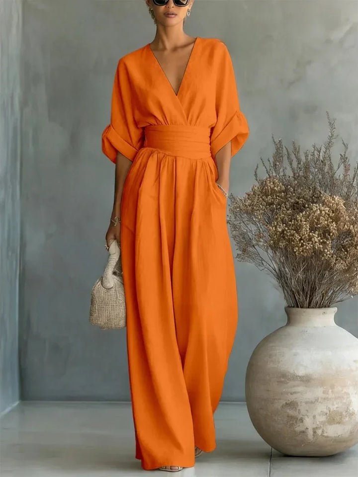 Elegant Linen V-Neck High-Waisted Jumpsuit