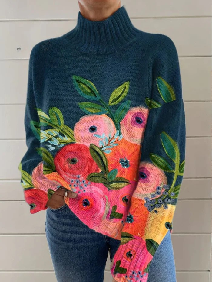 Retro floral pattern turtleneck sweater