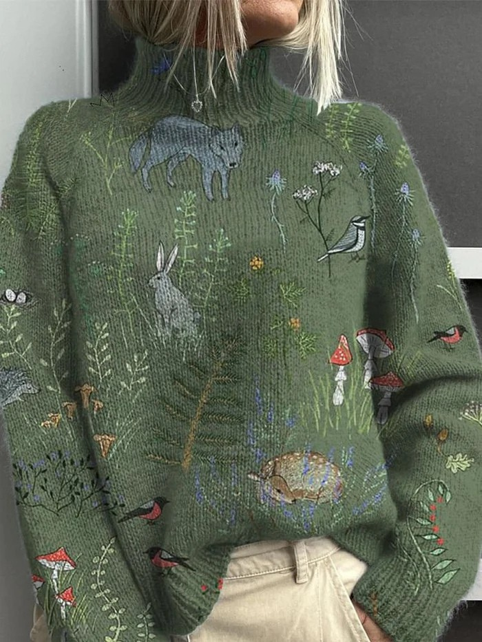 Knitted forest and animal print turtleneck sweater
