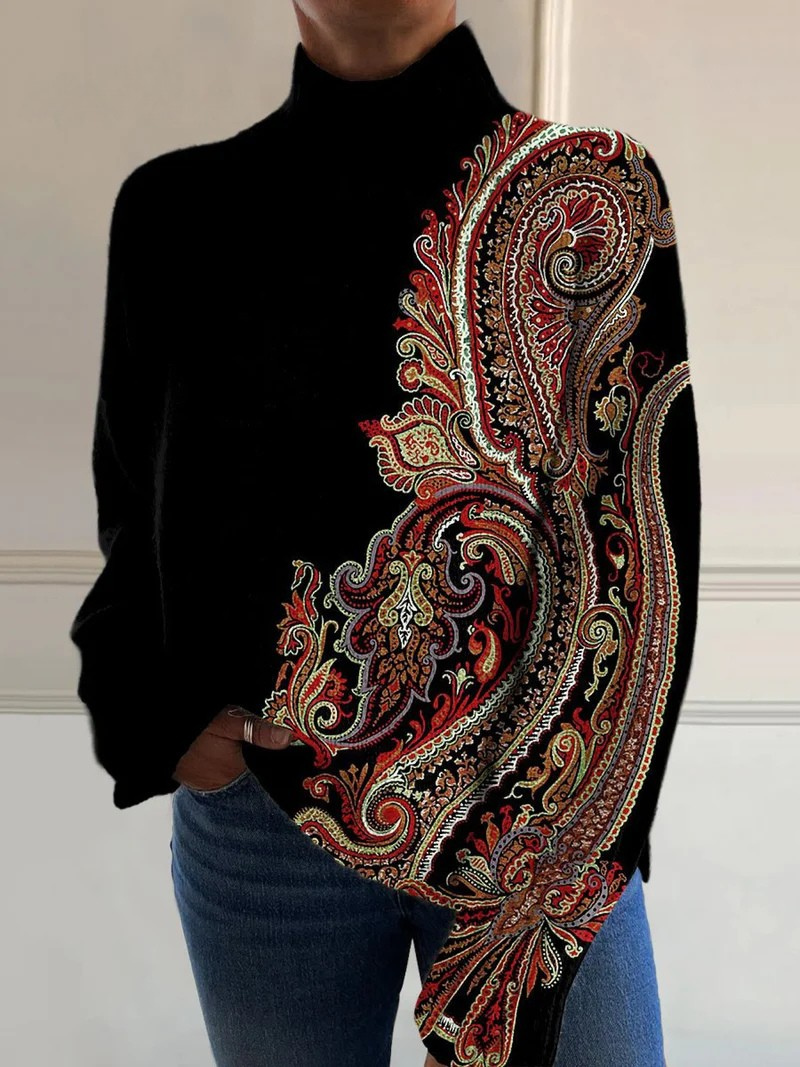 Retro pattern print turtleneck sweater