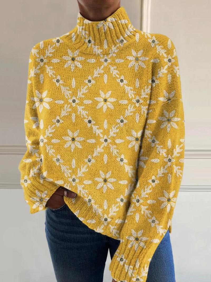 Vintage colourful floral block print turtleneck sweater