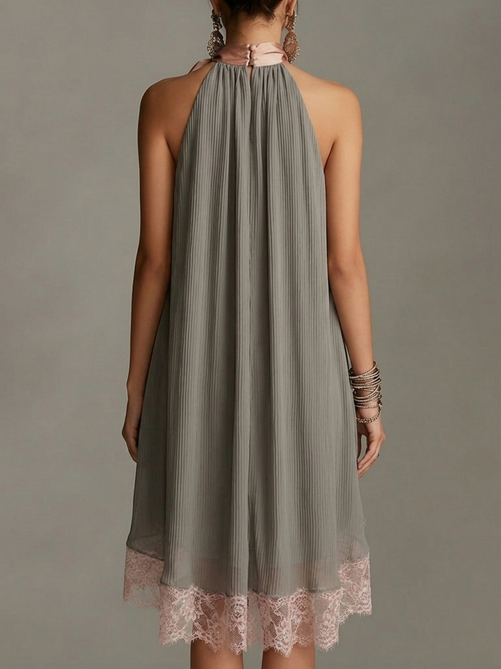Emma| Gray satin mini dress with pink bow and lace