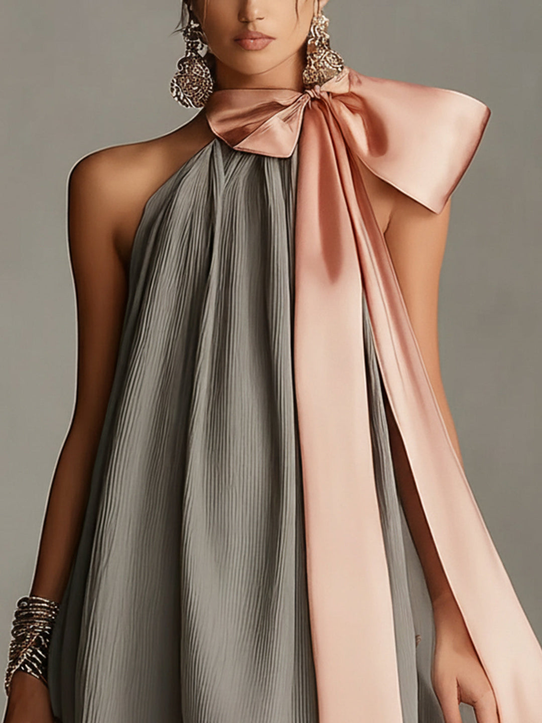 Emma| Gray satin mini dress with pink bow and lace
