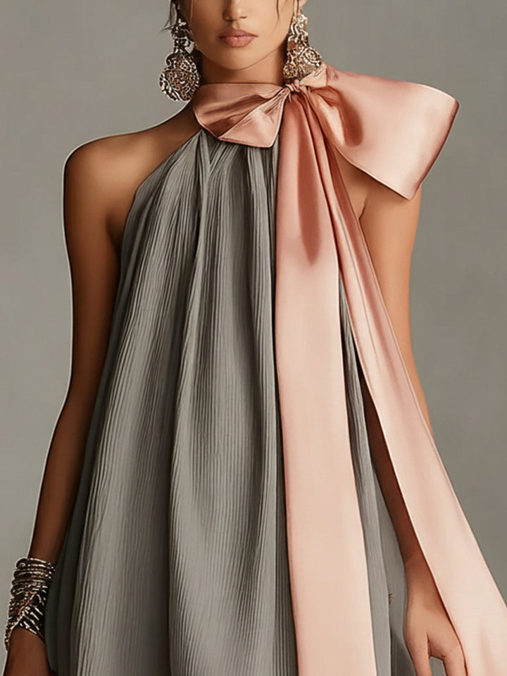 Emma| Gray satin mini dress with pink bow and lace