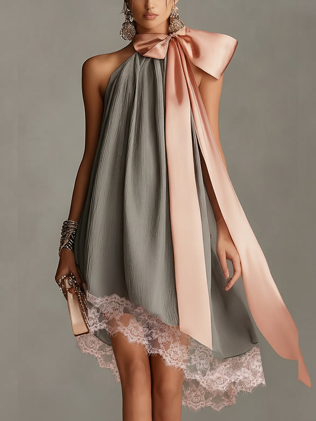 Emma| Gray satin mini dress with pink bow and lace