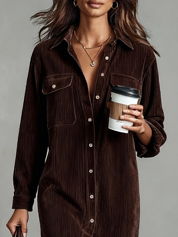 Loose Corduroy Double Chest Pocket Single Breasted Midi Dress