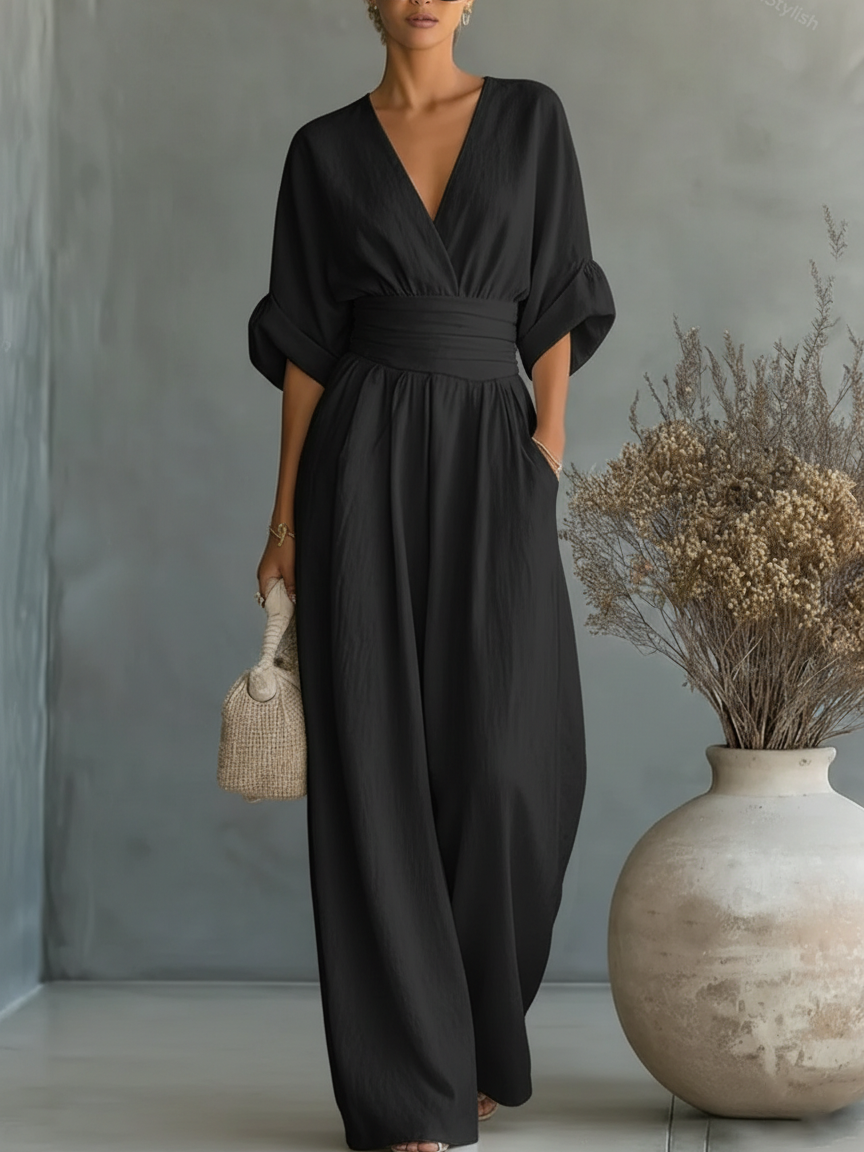 Elegant Linen V-Neck High-Waisted Jumpsuit