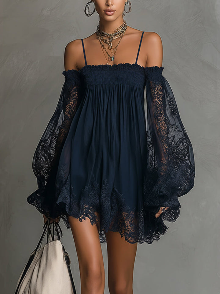 Loïs | Short fluid dress with lace sleeves and bohemian chic style