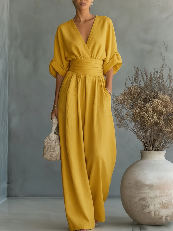 Elegant Linen V-Neck High-Waisted Jumpsuit