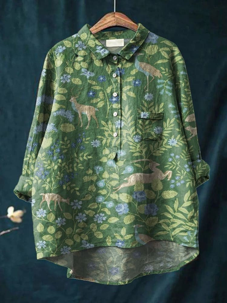 Women's Vintage Floral Animals Art Print Casual Linen Shirt