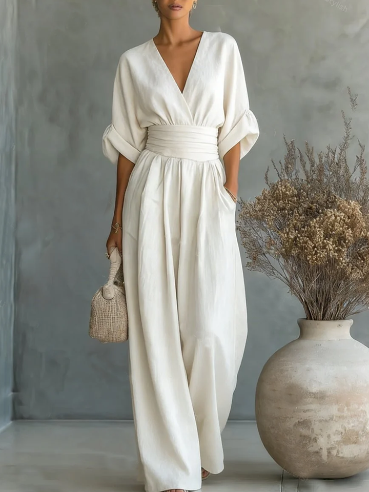 Elegant Linen V-Neck High-Waisted Jumpsuit