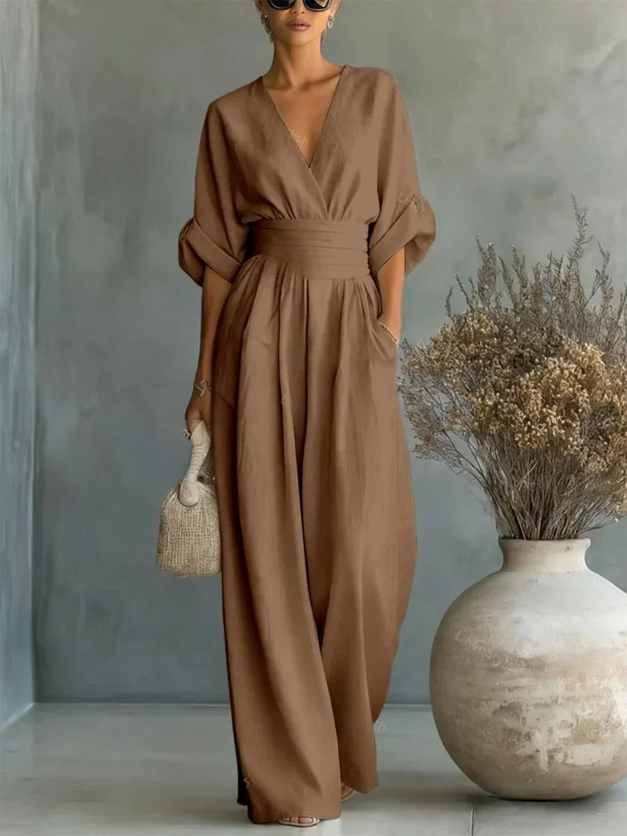 Elegant Linen V-Neck High-Waisted Jumpsuit