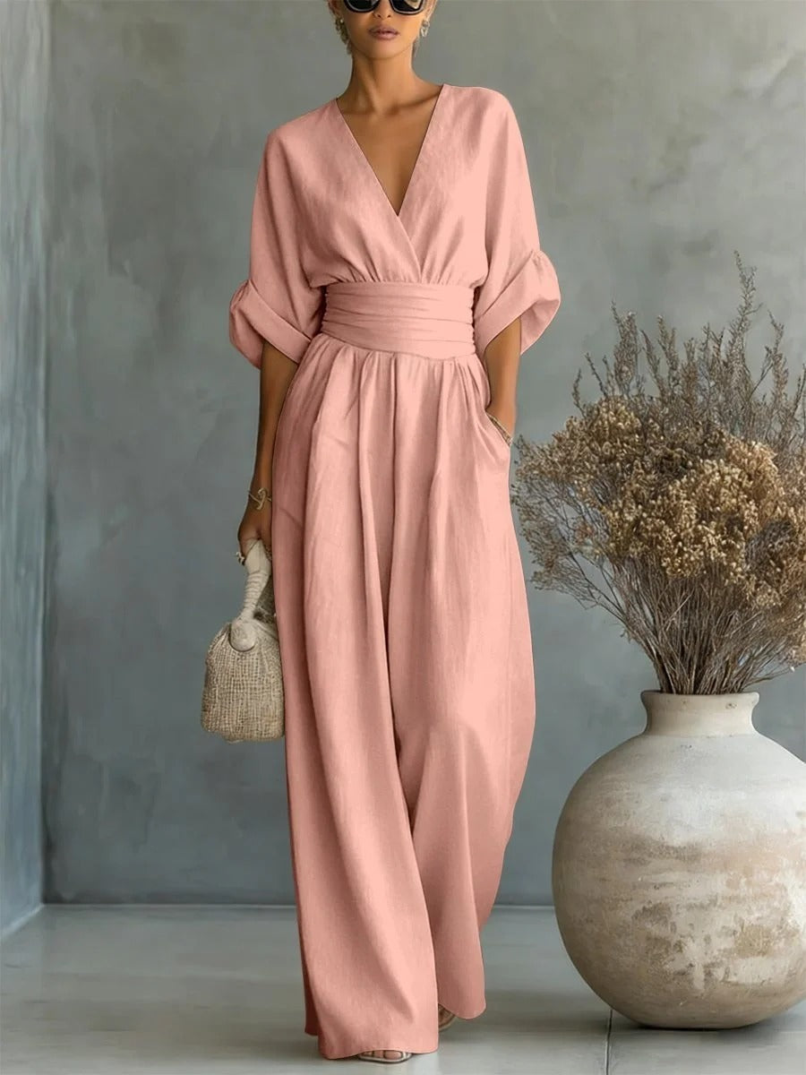 Elegant Linen V-Neck High-Waisted Jumpsuit