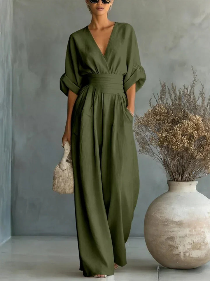 Elegant Linen V-Neck High-Waisted Jumpsuit