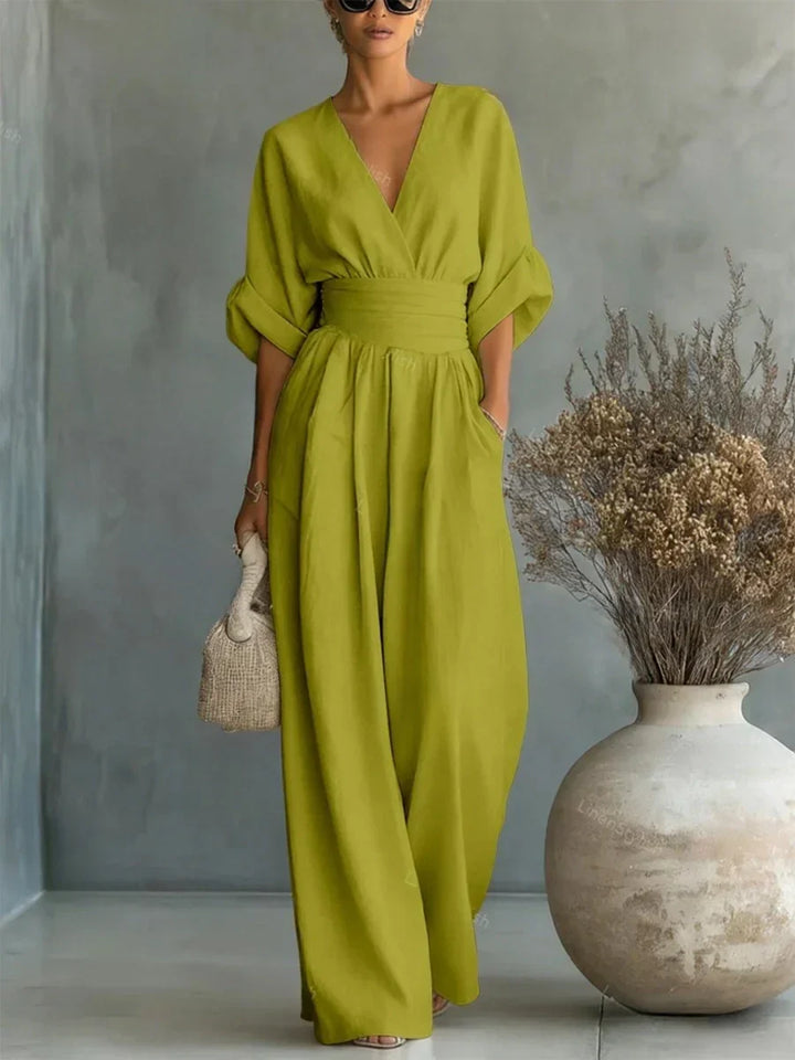Elegant Linen V-Neck High-Waisted Jumpsuit
